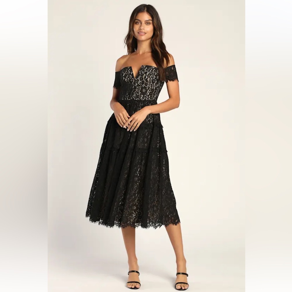 Lulus Absolutely Stunning Black Lace Off-the-Shoulder Midi Dress Medium